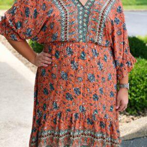 Plus – Orange Floral & Paisley Print High-Low Dress