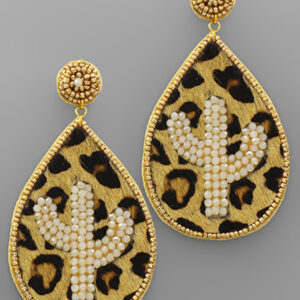 Leopard Beaded Cactus Teardrop Earrings