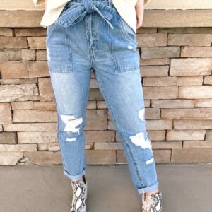 High Rise Belted Paperbag Utility Mom Jeans