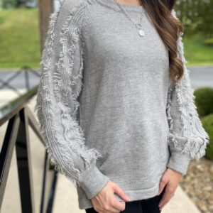 Fringe Sleeve Sweater – Gray