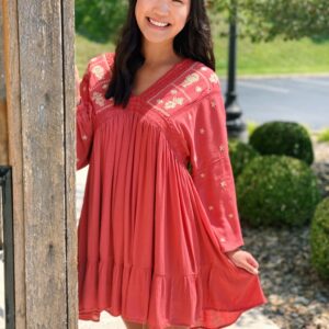 Boho Embroidered Mini Dress – Rust