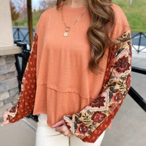 Printed Bubble Sleeve Top – Rust