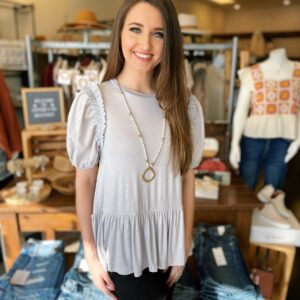 Light Gray Puff Sleeve Ruffle Top