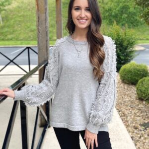 Fringe Sleeve Sweater – Gray