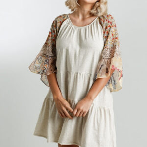 Plus – Cream Tiered Dress w/Sheer Floral Sleeve