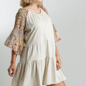 Plus – Cream Tiered Dress w/Sheer Floral Sleeve